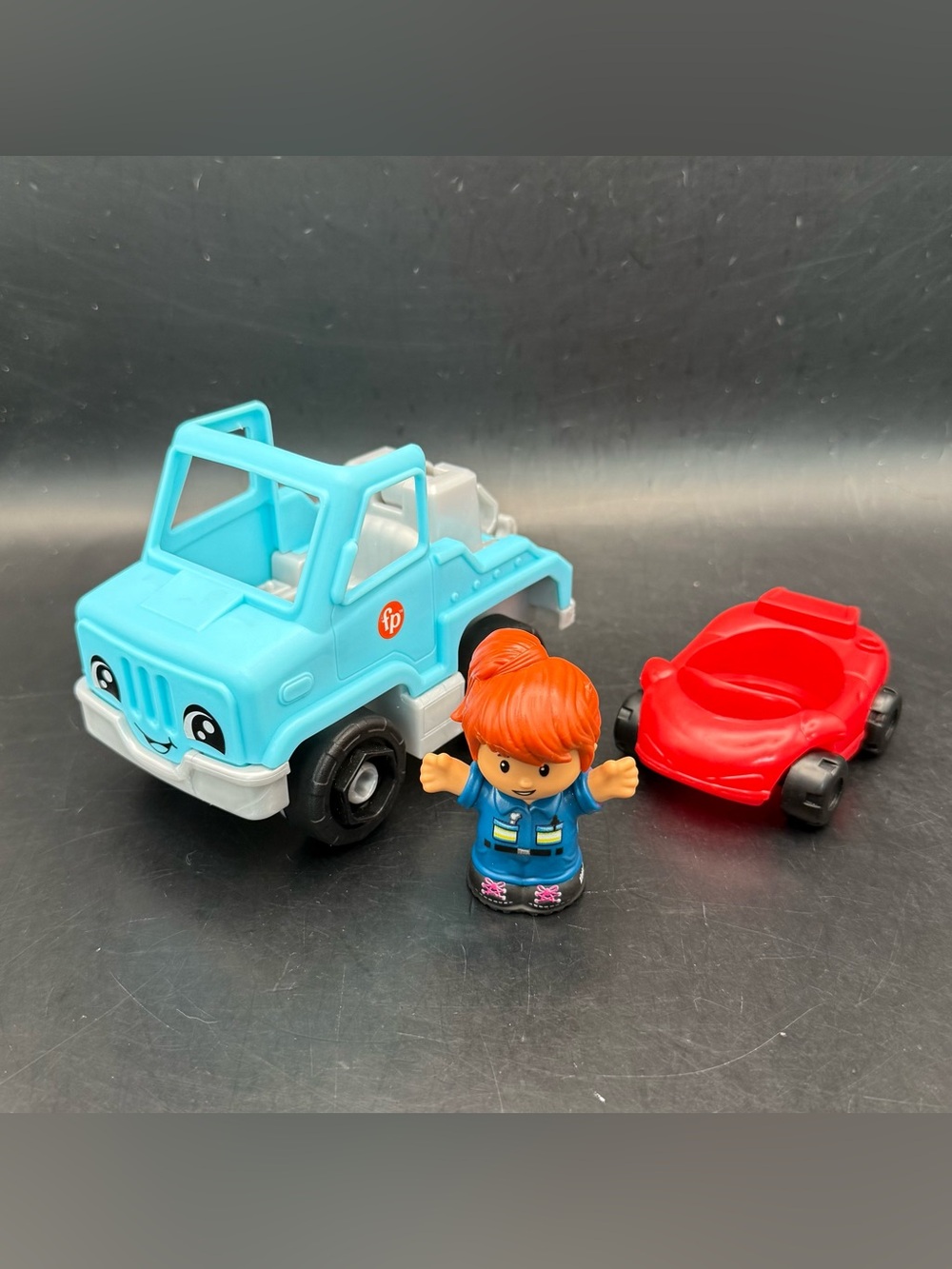 Fisher Price Little People Blue Tow Truck, Red Car, Female Tow Driver Lot Of 3